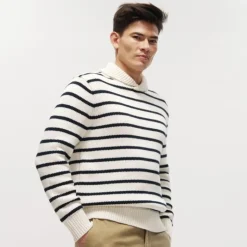 Cotton shawl-collar sweater in stripe