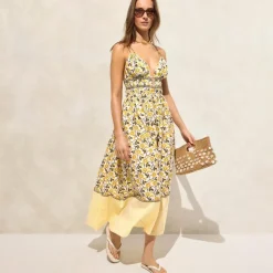 Cotton voile plunge maxi dress in daffodil daze block print