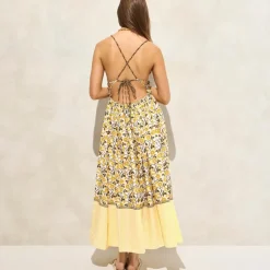 Cotton voile plunge maxi dress in daffodil daze block print