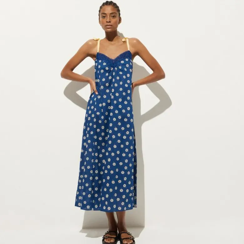 Cotton voile tie-shoulder maxi dress in daisy print