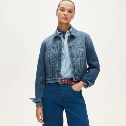 Cropped denim jacket with pintucks