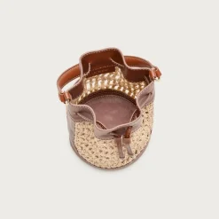 Drawstring bag in straw and leather