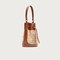 Drawstring bag in straw and leather