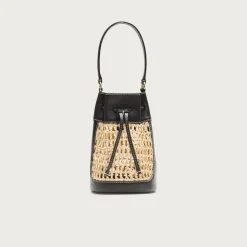 Drawstring bag in straw and leather