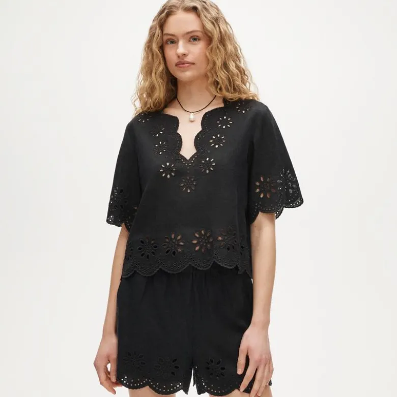 Embroidered eyelet top in linen