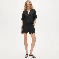 Embroidered eyelet top in linen