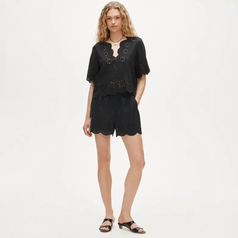 Embroidered eyelet top in linen