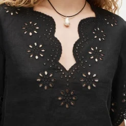 Embroidered eyelet top in linen