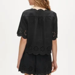 Embroidered eyelet top in linen