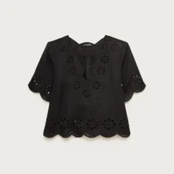 Embroidered eyelet top in linen