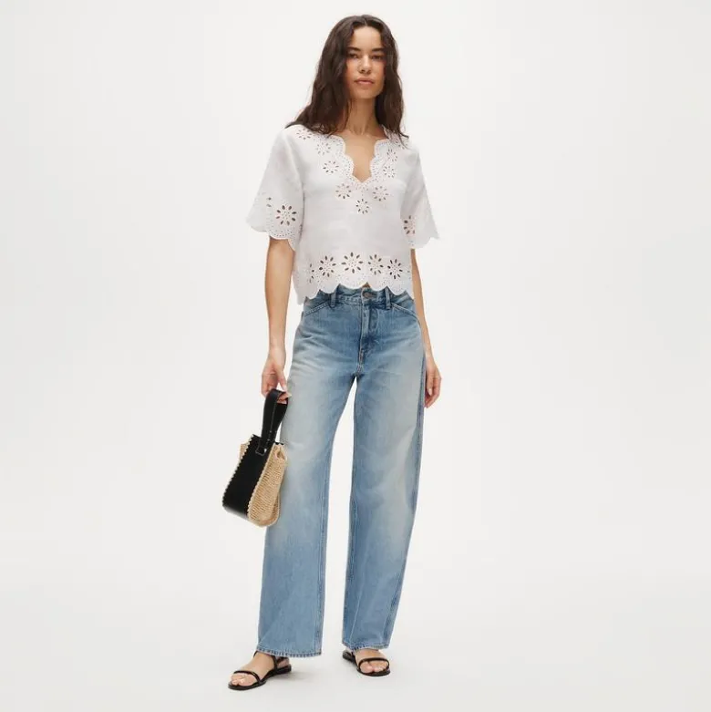 Embroidered eyelet top in linen