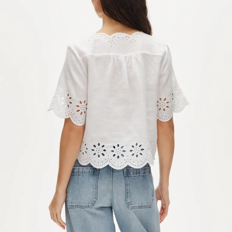 Embroidered eyelet top in linen