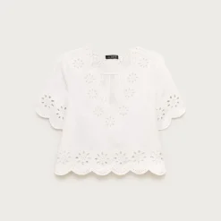 Embroidered eyelet top in linen
