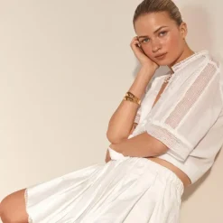Embroidered lace-trim button-up shirt in cotton voile