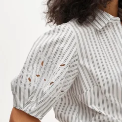 Eyelet puff-sleeve shirt in striped cotton poplin
