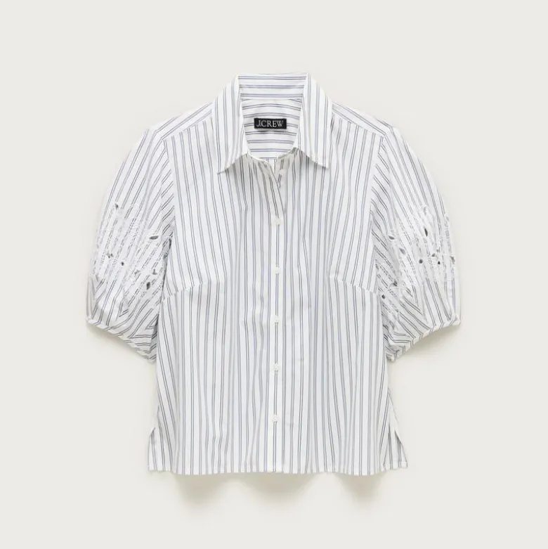 Eyelet puff-sleeve shirt in striped cotton poplin