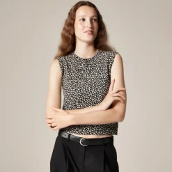 Featherweight cashmere cropped sweater shell in spot print