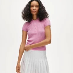 Featherweight cashmere pointelle short-sleeve sweater-polo