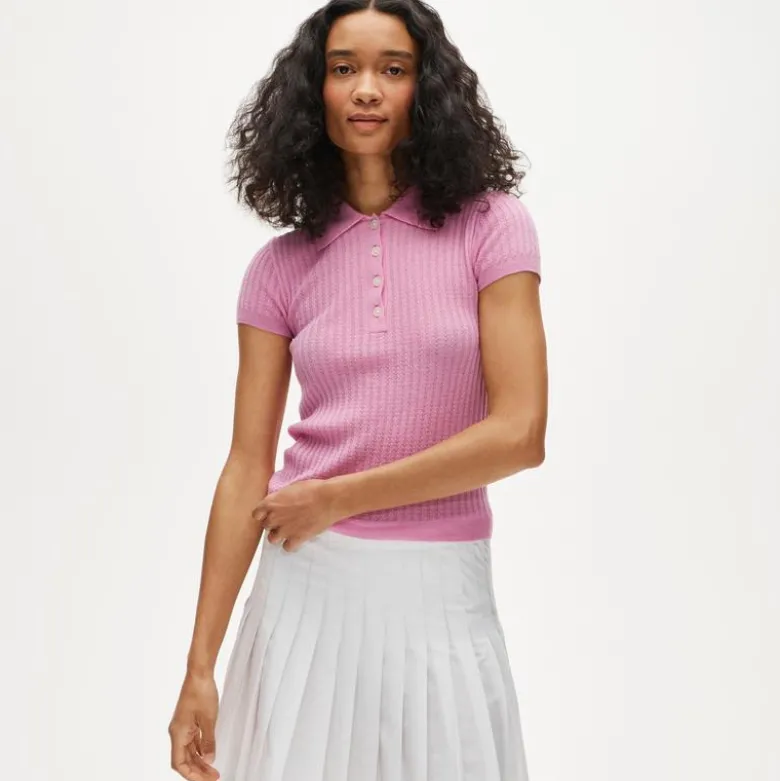 Featherweight cashmere pointelle short-sleeve sweater-polo