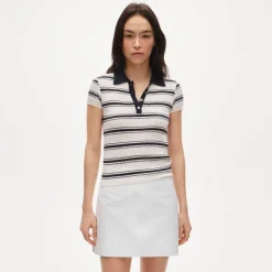 Featherweight cashmere pointelle sweater-polo in stripe