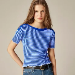 Featherweight cashmere ruffle-trim T-shirt in stripe