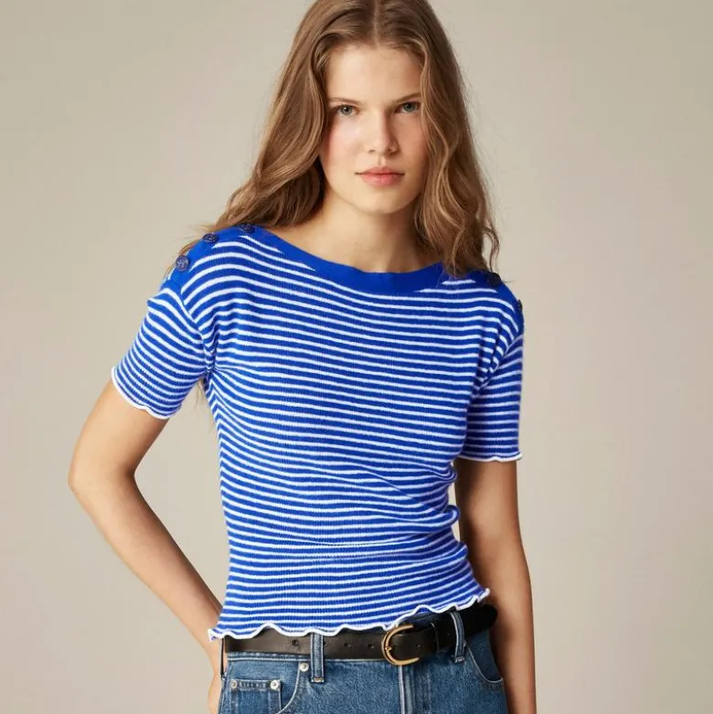 Featherweight cashmere ruffle-trim T-shirt in stripe