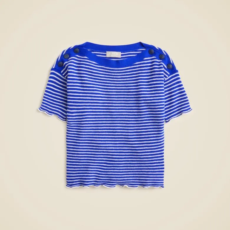 Featherweight cashmere ruffle-trim T-shirt in stripe