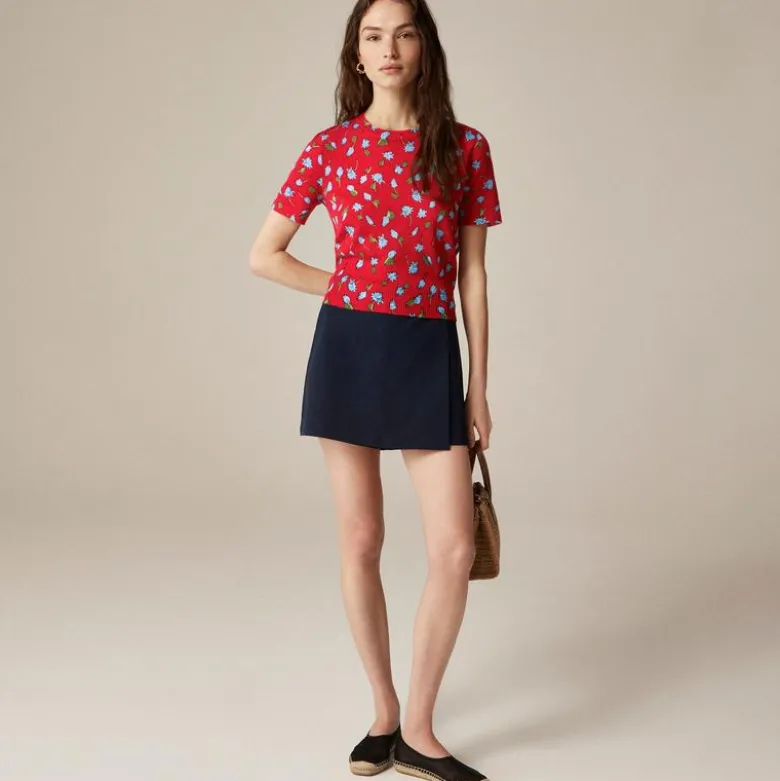 Featherweight cashmere shrunken T-shirt in brushed daisy print