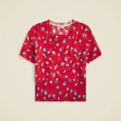Featherweight cashmere shrunken T-shirt in brushed daisy print