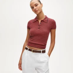 Featherweight ribbed cashmere short-sleeve sweater-polo in stripe