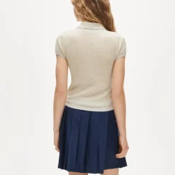 Featherweight ribbed cashmere short-sleeve sweater-polo in stripe