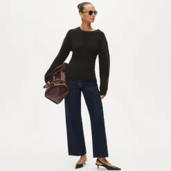 Fitted-waist crewneck sweater in ribbed merino wool