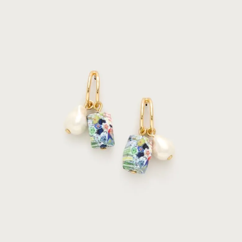 Freshwater pearl and painted stone hoop earrings