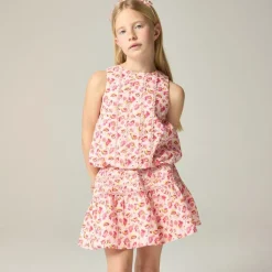 Girls' bubble tank top in linen-cotton blend floral