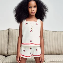 Girls' embroidered floral top in linen blend