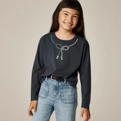 Girls' long-sleeve embellished bow T-shirt with pearls