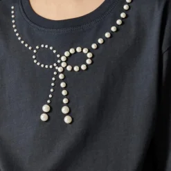 Girls' long-sleeve embellished bow T-shirt with pearls