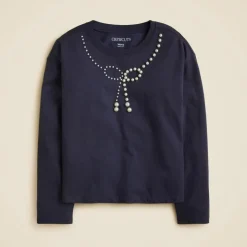 Girls' long-sleeve embellished bow T-shirt with pearls