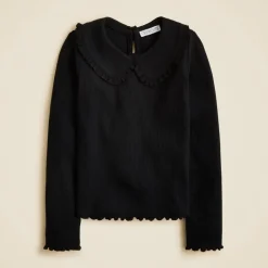 Girls' long-sleeve ruffle-collar top in vintage rib