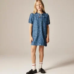 Girls' puff-sleeve cherry dress in drapey denim