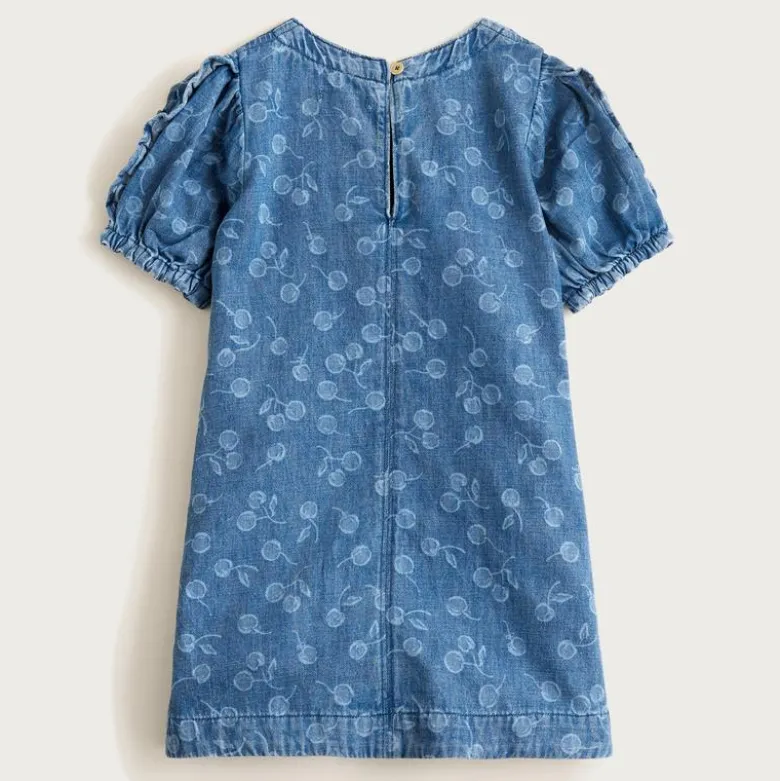 Girls' puff-sleeve cherry dress in drapey denim