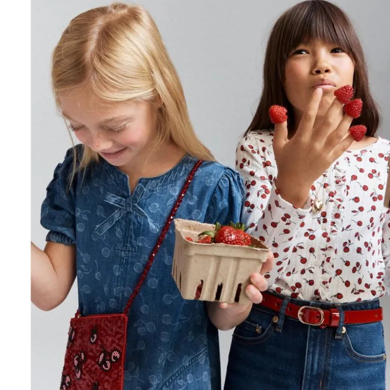 Girls' puff-sleeve cherry dress in drapey denim