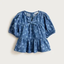 Girls' puff-sleeve cherry top in drapey denim