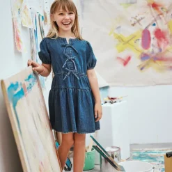Girls' puff-sleeve dress in drapey denim