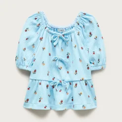 Girls' puff-sleeve top in crinkle jersey