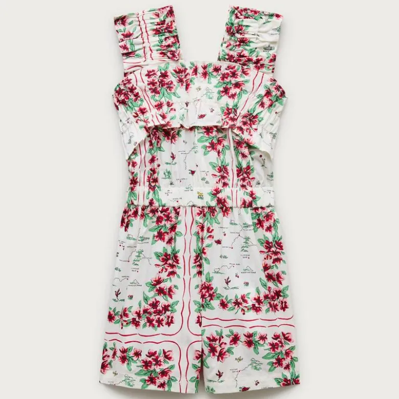 Girls' ruffle-trim romper in map floral
