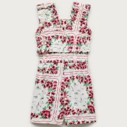 Girls' ruffle-trim romper in map floral