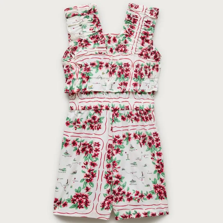 Girls' ruffle-trim romper in map floral