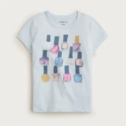 Girls' short-sleeve nail polish graphic T-shirt with glitter