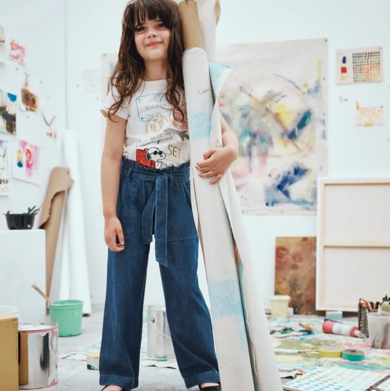 Girls' tie-waist pant in drapey denim